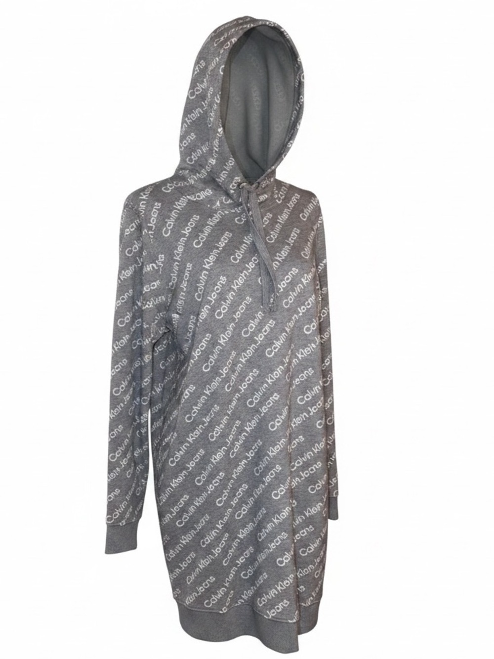 CALVIN KLEIN Allover Logo Print Hooded Mini Dress Gray and White in Size LARGE